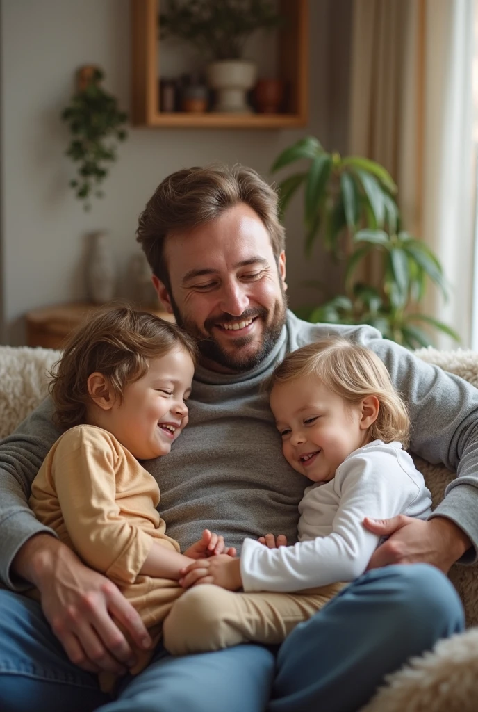Create an image of a father with an amputation with children and inside a house, will be in post format