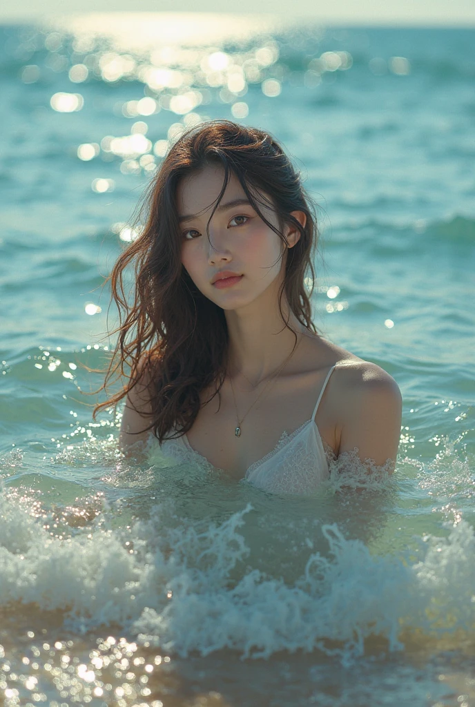 (((best quality))),(((ultra detailed))),(((masterpiece))),illustration,1girl, young, summer, seaside, girl, sun-kissed skin, white sand, flowing hair, radiant face, light sundress, vibrant hues, clear blue sky, ocean, shore, rhythmic soundscape, azure waves, white foam, seagulls, soaring, cries, symphony, carefree abandon, body language, confidence, joy, hands outstretched, closed eyes, sheer bliss, sun, warm glow, careful brushstrokes, life-like, interplay of light and shadow, gentle ripples, fine texture, facial expression, serene, emotion, connection, beauty, celebration, youth, pure joy, , longing, nostalgia, carefree days, sound of waves, warmth of sun, skin, lyrics, song, immersion, beauty of summer's day, sea