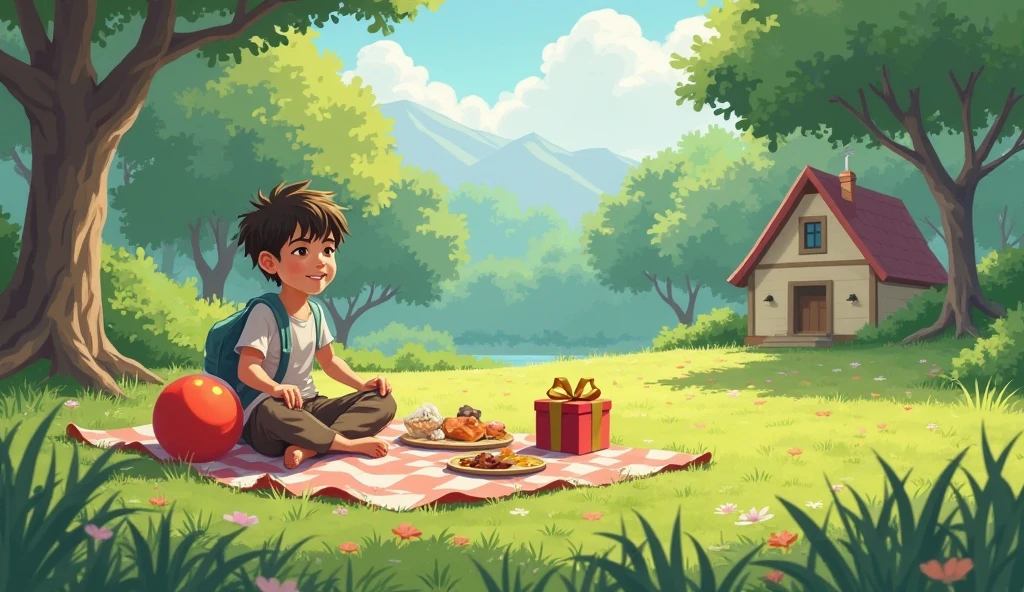 ren's picture forest, meadow picnic, red ball, sun , gift box small house with square window in tridesque style