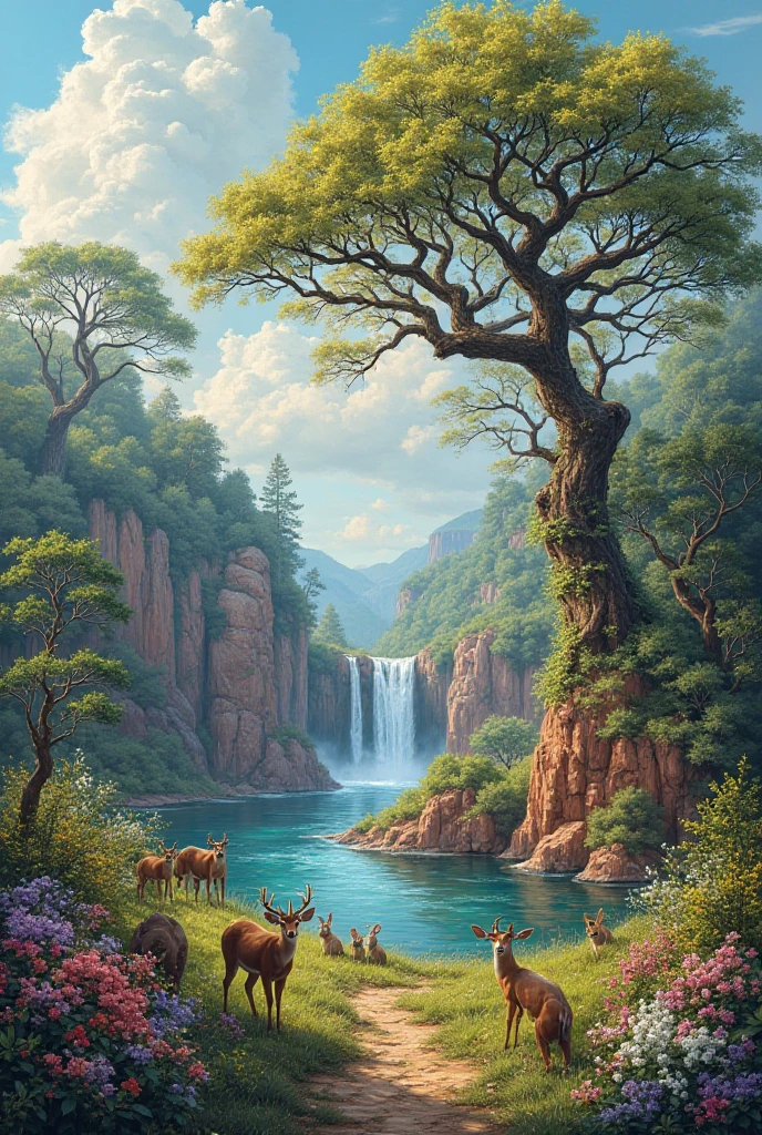 "A serene landscape painting set in a bright daytime scene, created using acrylic or oil techniques. The composition features two prominent trees: on the left, an ancient tree with twisted, intricate branches adorned with delicate yellow blossoms; on the right, a massive, vine-covered tree gracefully leaning over a calm river. The river flows gently toward a cascading waterfall nestled among rugged red stone formations. The scene is enriched by a surrounding forest filled with lush greenery and clusters of vivid flowers, with soft, puffy clouds floating overhead. In the foreground, three graceful deer and two playful rabbits are depicted, while a majestic elephant stands in the background, adding to the diverse wildlife and natural beauty of the landscape."