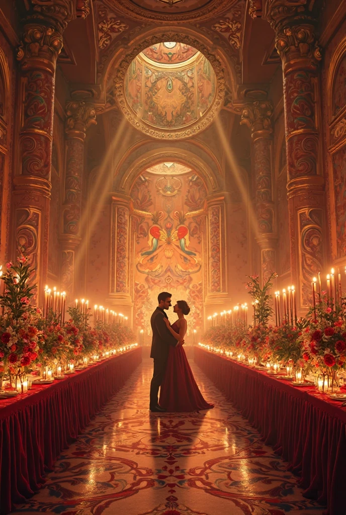 The festive atmosphere permeated the room, filling the visitors' chests with a thousand sensations.
Two long rows of tables adorned with flowers greeted the king and his great lords. The floral scent was breathed in the air. Large candles added a cozy atmosphere and made the glitter of the embroideries that hung on the walls shine. In the center stood out two tall cages with exotic birds from land Distant, that trilled with unique sounds and fluttered their colors, burgundy and scarlet, so striking. 
Couples dancing in the center in a large dance space.