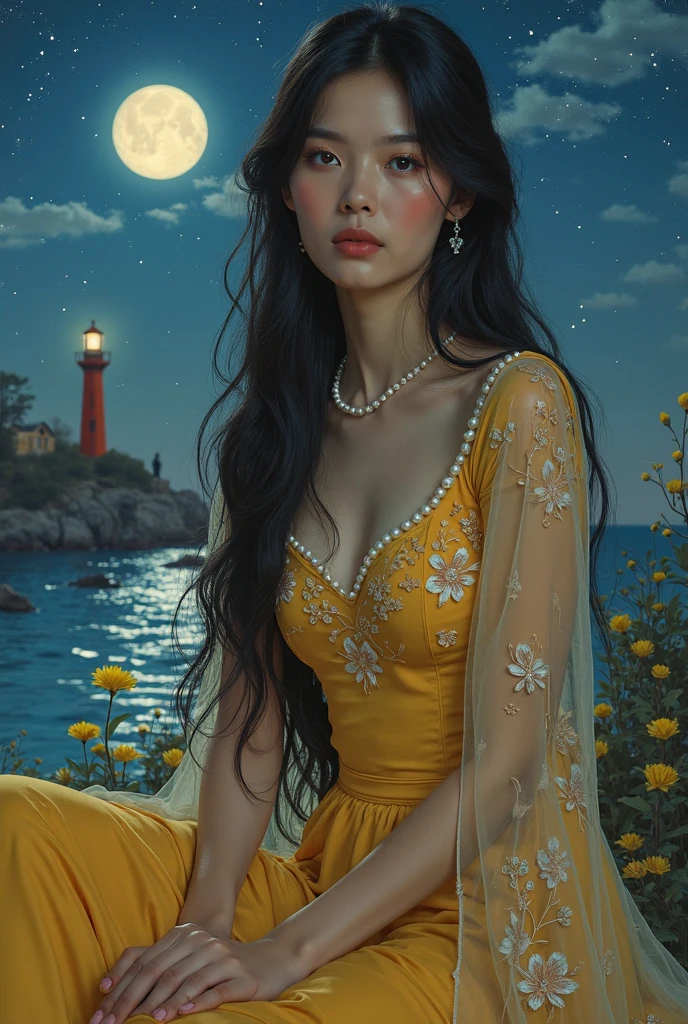 Long dark hair, sheer floral-embroidered shawl, yellow dress with intricate bird and floral patterns, adorned with pearls and delicate flowers, pearl necklace, seated pose, outdoor setting under a starry sky, full moon illuminating the night, distant figure standing, nearby lamppost and lighthouse, serene and romantic atmosphere.