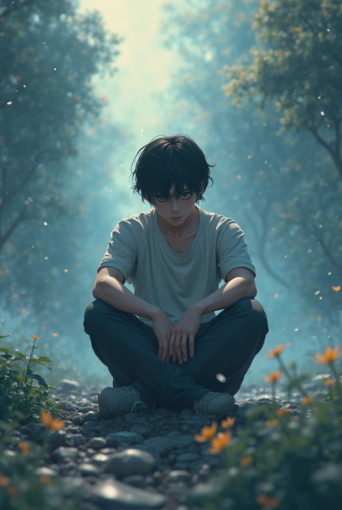 Lonely man sitting sad in 3d anime