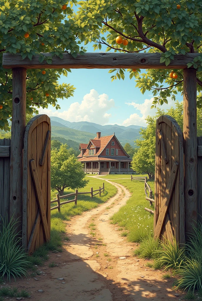 Create a farm with a wooden gate, a porch house in the background, fruit trees around.