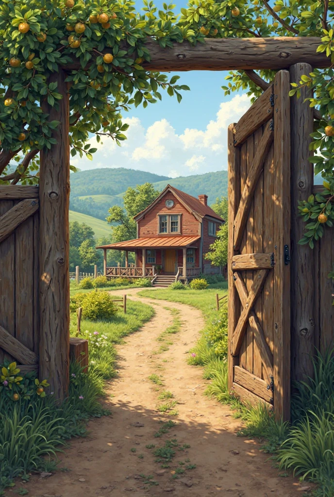 Create a farm with a wooden gate, a porch house in the background, fruit trees around.