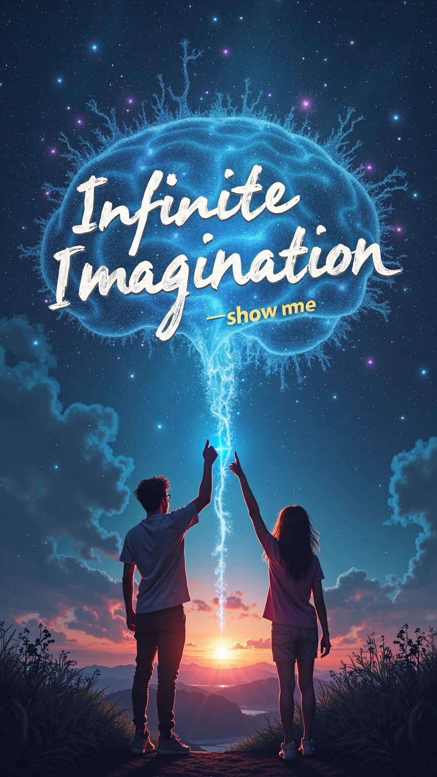 advertisement poster style scene where two people raise their thumbs up and look at one place, "Infinite Imagination" Artwork containing a phrase and a " show me " underlined,neuron-shaped background, bright lighting and bright colors, realistic rendering, high res, Precise Details