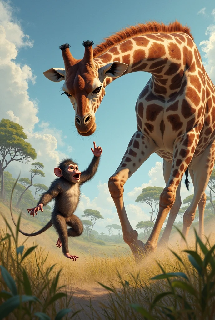 A monkey riding a giraffe alongside other monkeys riding zebras