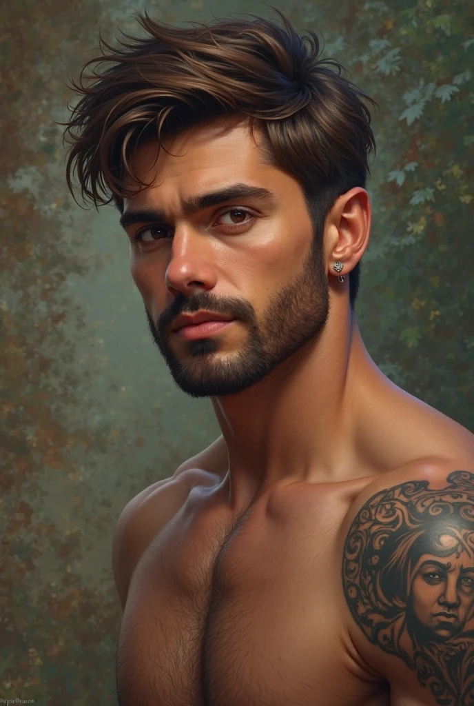 handsome young man, musculoso, short brown hair, brown eyes, closed beard,  ear piercing, tattoo on arm, rounded chin without a hole, Realistic style