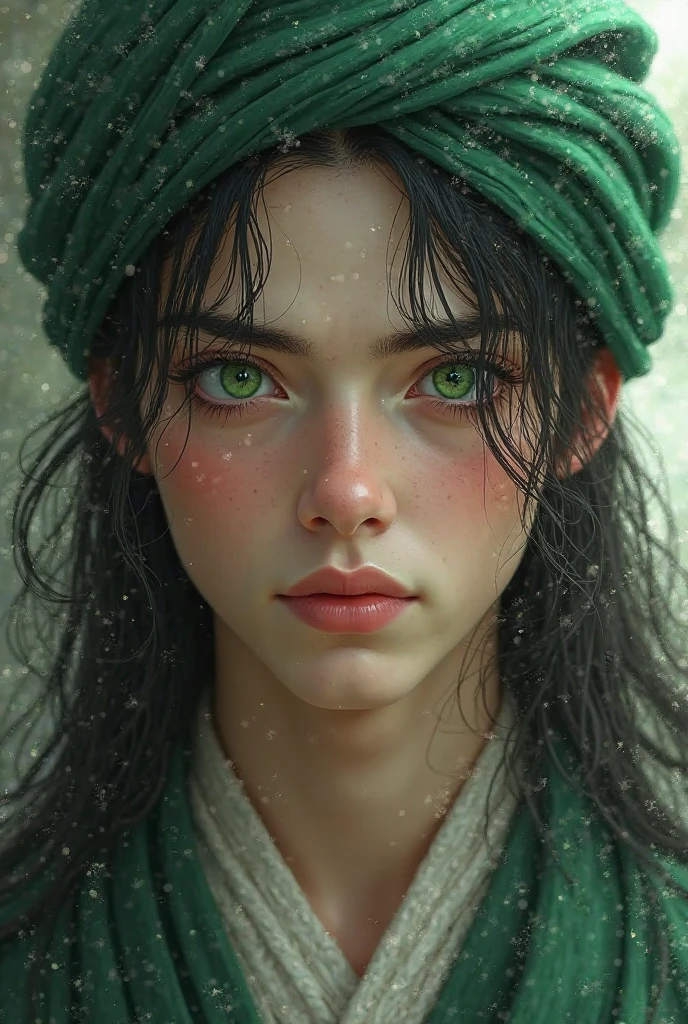 A 22-year-old young man with a green turban, wide green eyes, a beautiful white face, a handsome angel-like white face and long black hair