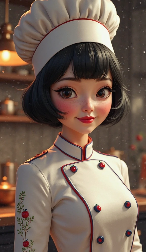 Ultra detailed 4K cinematic illustration of Snow White reimagined as a high-end stylized chef, in a realistic yet artistic style. She wears a pristine white chef's hat (toque blanche) and a tailored chef's coat (dolmã) subtly accented with red and blue piping, echoing her iconic color palette. Her classic black bob haircut remains untouched, with its sleek chanel cut framing her soft, porcelain-like face. Her lips are vibrant red, matching the iconic bow now reinvented as a sleek red ribbon detail on the chef's hat. Her coat includes delicate embroidery of apple motifs and forest elements, referencing her fairytale origins. Lighting is dramatic and cinematic, with rich shadows and a glowing kitchen ambiance in the background—stainless steel counters, copper pots, and a faint magical shimmer in the air. Hyperrealistic textures, focus on fabric details, skin tone, and reflections, captured in a slightly warm tone, in a stylized realism approach.