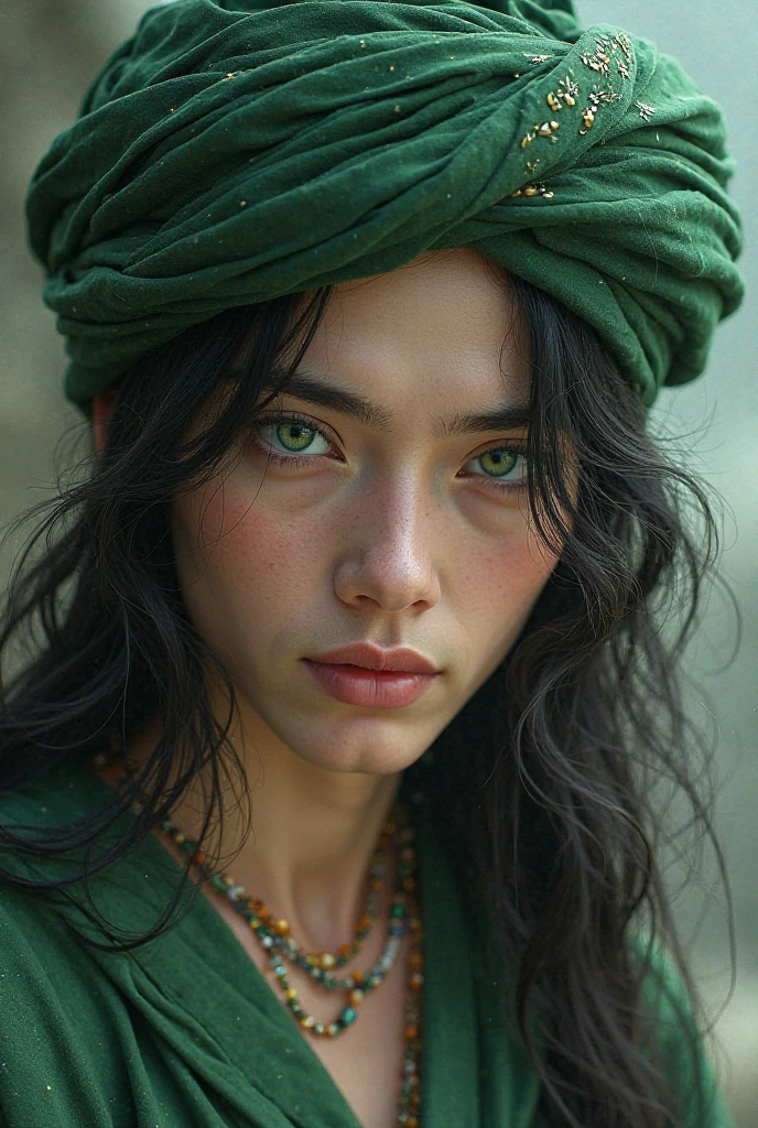 A 22-year-old young man with a green turban, wide green eyes, a beautiful white face, a handsome angel-like white face and long black hair