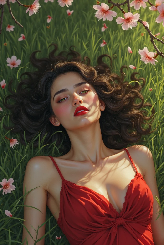 
A girl with curly hair and green eyes lies on the grass in spring, upset, lies with her eyes closed. She is 26 cherry blossoms fall on her lying sideways in a sexy red dress and red lipstick