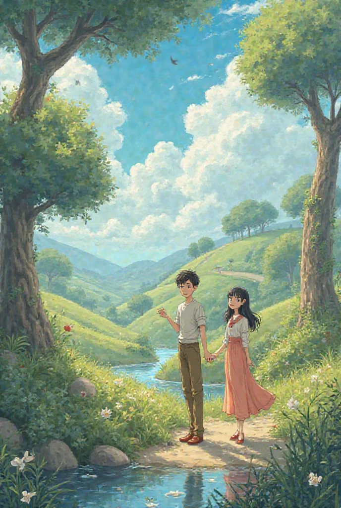 Add a girlfriend on his side and transform the image into a Ghibli