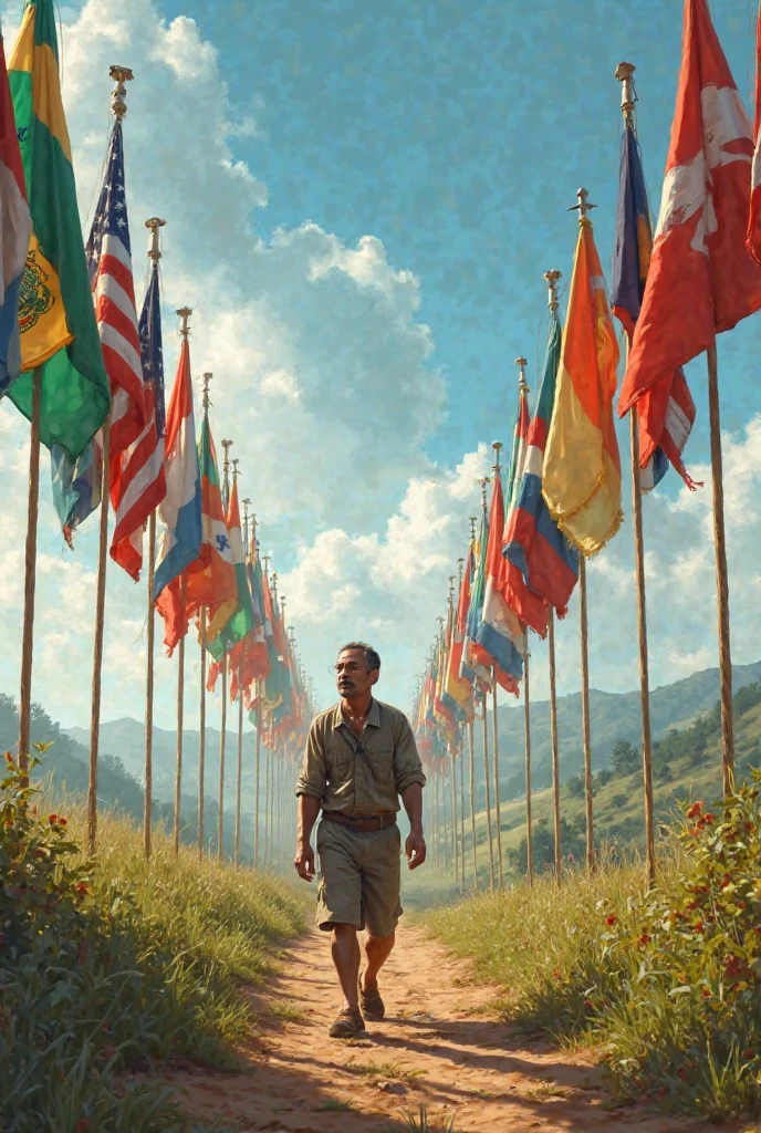 Create for me an image of a country a man walking in front many flags from all countries behind under the phrase missionary desire in Portuguese