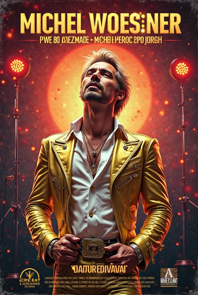 Can you create a poster announcing the next concert of Michel Woessner?, sosie de Freddy Mercury blond âgé d'une trentaine d'années.