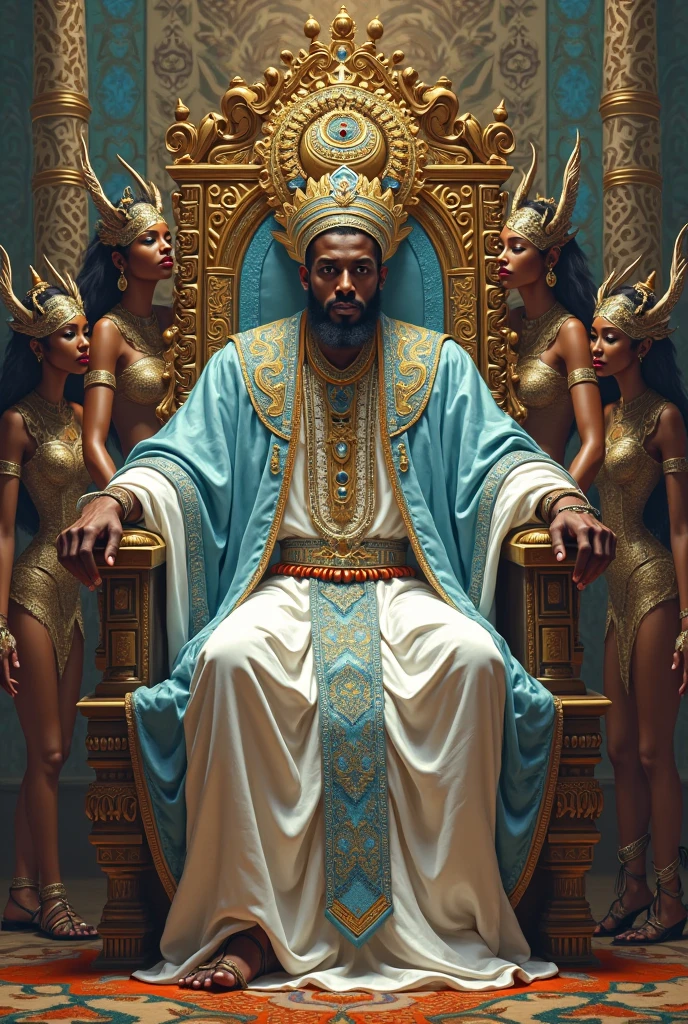 Male Orixa Yoruba, Wearing traditional white and light blue African king clothing, Sitting on a Throne in the Kingdom of Ife, Served by African nymphs 