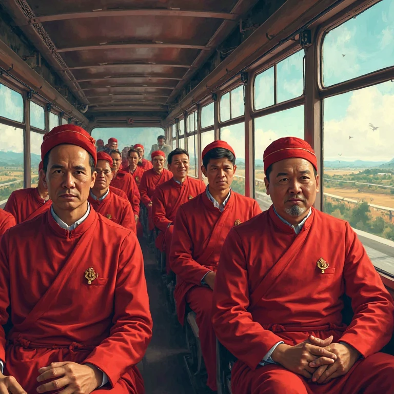 Take a bus on a highway,Several men dressed in red inside the bus