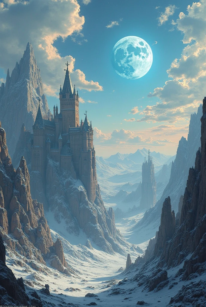 } I want an image of a landscape in a medieval fantasy universe, in this universe, Do humans fly, unicorns are prehistoric rhinoceroses, and there are two suns, one that is pure ice, that is, it is bluish white, and it rises half an hour before the second one, which is a red sun, , that is, when the icy sun rises it freezes things, until the second sun rises to balance the temperature, in the sky there are mountains with castles that float in the sky, I do with a style that recalls that of Giuseppe Reichmuth, se possivel
