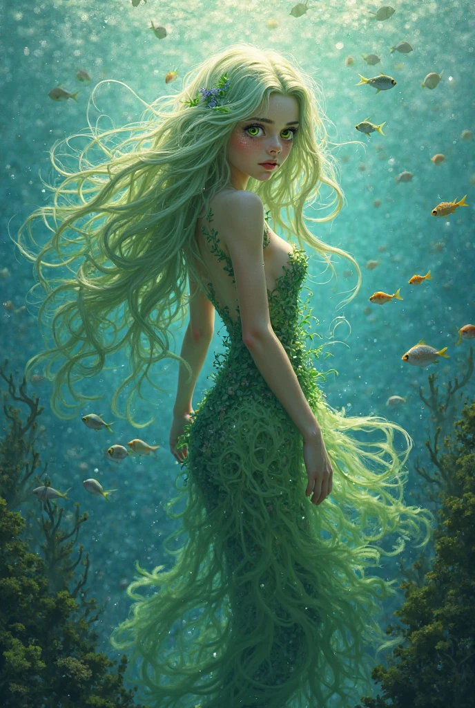 an image of an 18-year-old girl in the ocean with big yellow eyes, very long, fluorescent green hair,that she has a long seaweed dress with fish around her. 