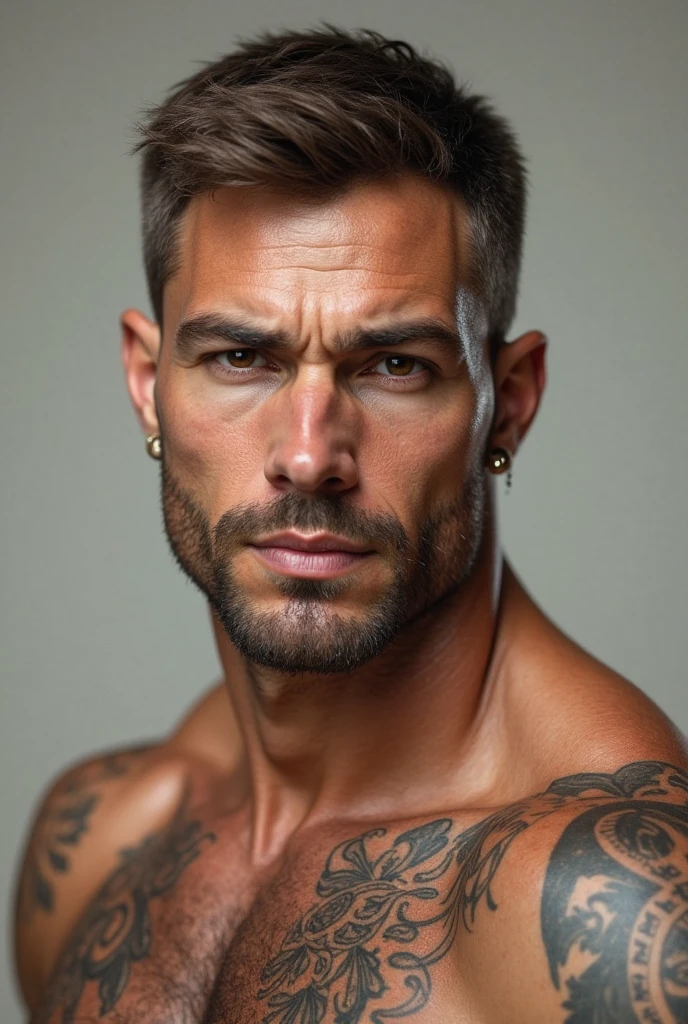 (Homme nu), (best quality: 4k, 8k, highres, masterpiece: 1.2), ultra-detailed, (realistic, photorealistic, photo-realistic: 1.37), HDR, UHD, studio lighting, portrait, naked man, glistening skin, well-defined muscles, straight posture, intense gaze, tattoos, black and white, contrast, long shadows, fine details, artistic composition, vivid colors, bokeh

This image showcases a masculine figure in its raw, unfiltered form. With a (best quality: 4k, 8k, highres, masterpiece: 1