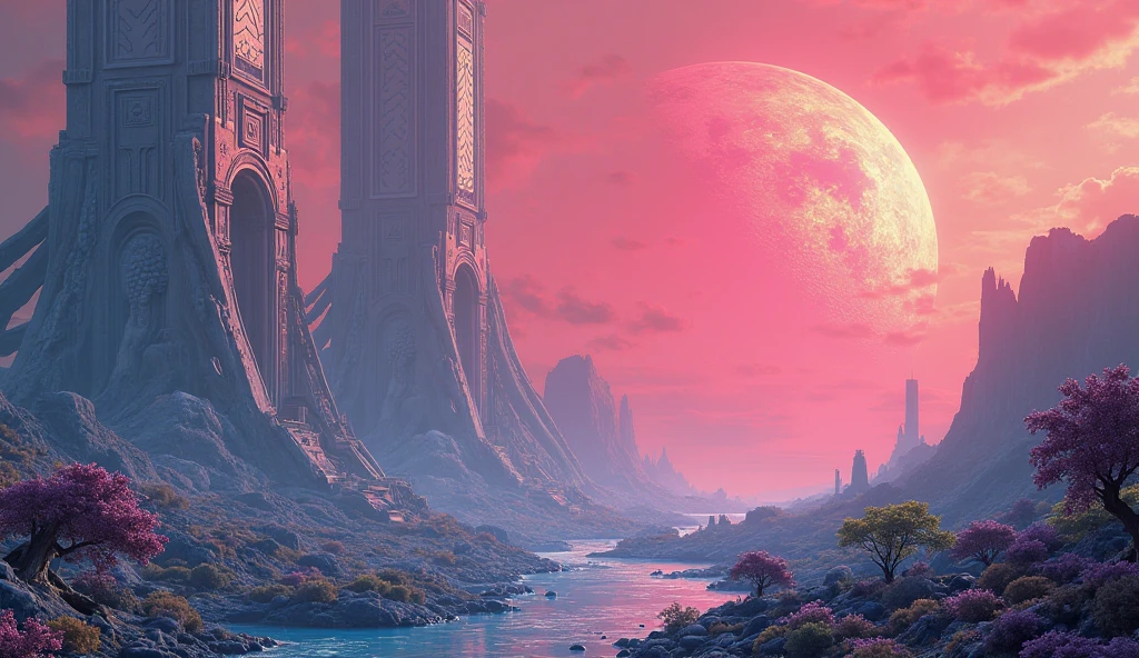 Colossal megastructures on an unknown planet, with a big red sun and pink skies, alien vegetation, blue soils and alien trees