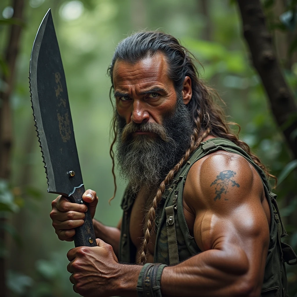 Rustic wild Rambo-style man holding a machete, The machete must be pointed upwards. The photo should focus more on the machete, But still showing the man