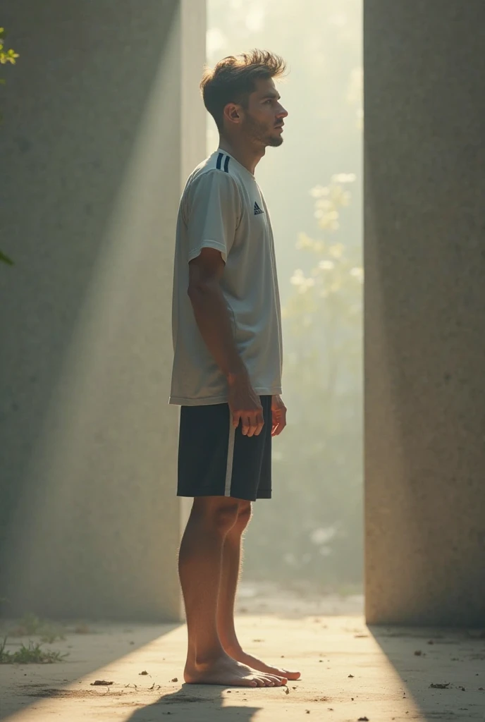 An image of a young man praying in a peaceful outdoor setting, with hands raised in adoration.