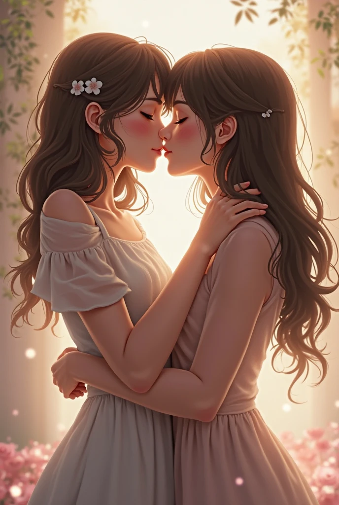 NOW CREATE A DRAWING OF 2 girls, one of them is tall with brown hair and it reaches her back and they have wavy hair and white skin and the other is a little shorter than the other, reaching her chin, she has skin that is a little less white with SHORT HAIR up to her ears and, that the two are hand in hand and very much in love , Remember that both are women THEY ARE MARRIED