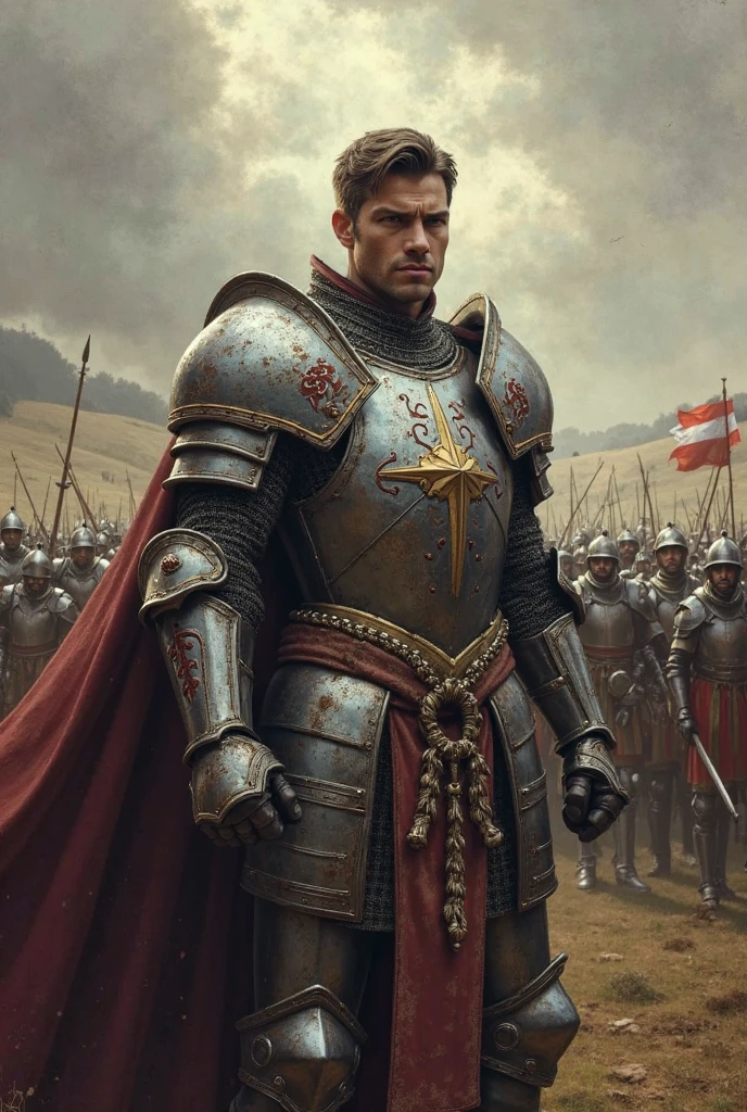 Draw a knight fighting against a large army in front of him