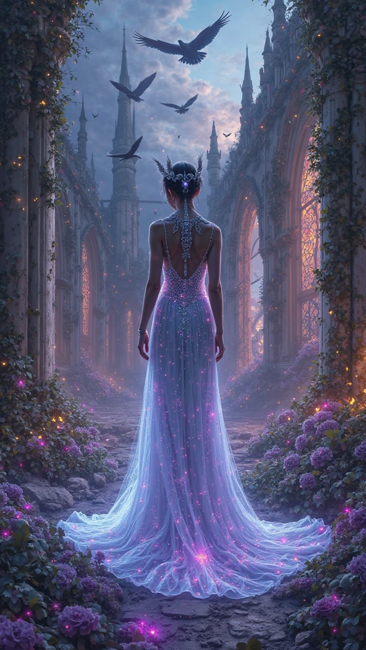 An ethereal queen of forgotten legends stands amidst the ruins of her once-glorious palace, her starlit gown flowing like liquid twilight. The crumbling ivory spires and gilded arches glow in the dying light, draped in luminous ivy and bioluminescent flowers that pulse like dying embers. Shattered stained glass scatters prismatic light across her tear-streaked face as ravens circle the violet-hued storm above. Every intricate detail—from the ancient runes on her silver jewelry to the velvet decay of the ruins—whispers of lost glory. A moment of breathtaking tragedy, frozen between myth and oblivion, rendered in hyper-detailed, luminous beauty.