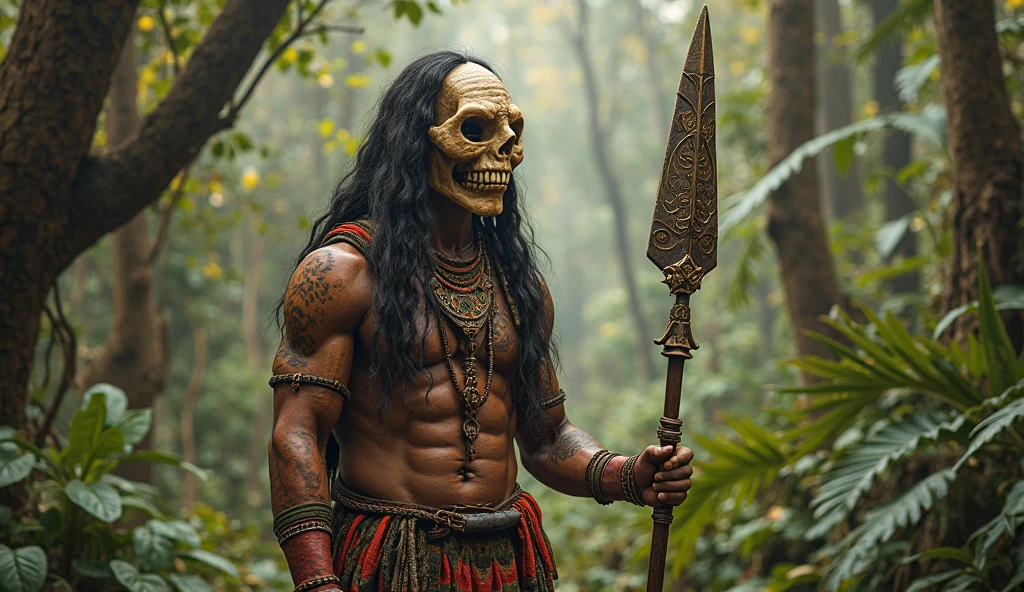 far cry, stones, Stone Age, valley somewhere in primeval Europe, a prehistoric warrior covered in cracking facepaint and nasty scars and adorned with various furs, bones, and sticks, cannibalistic shaman, caves, standing beside a stone building, Neanderthal