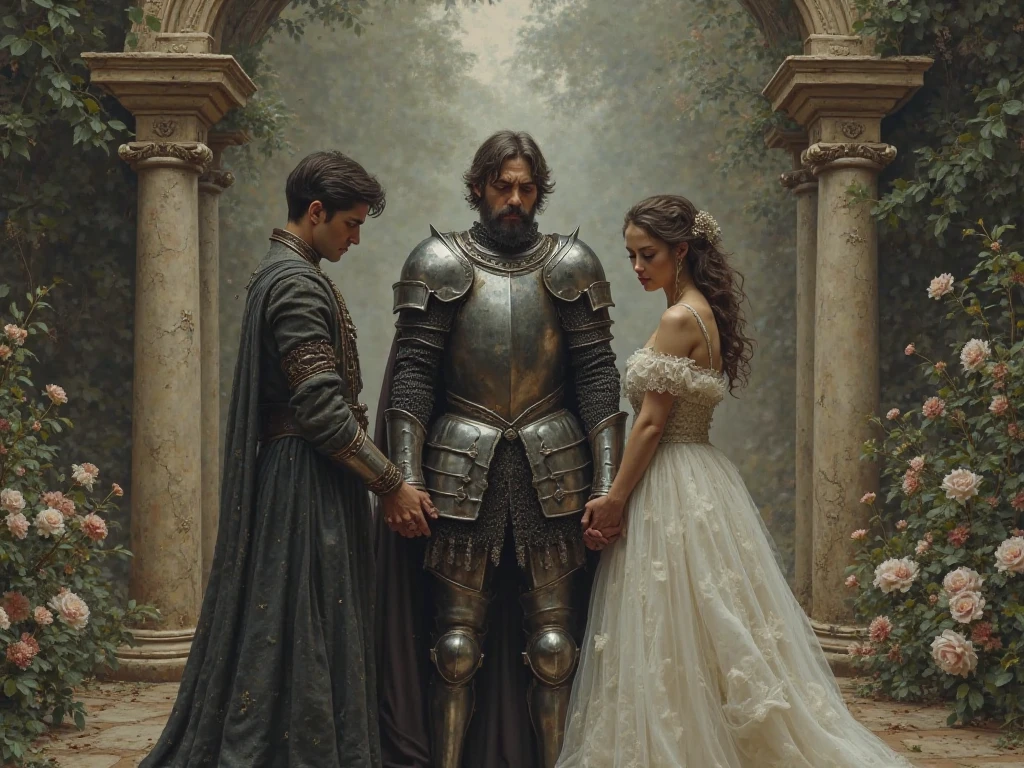 Sad knight between them as prince and princess hold hands