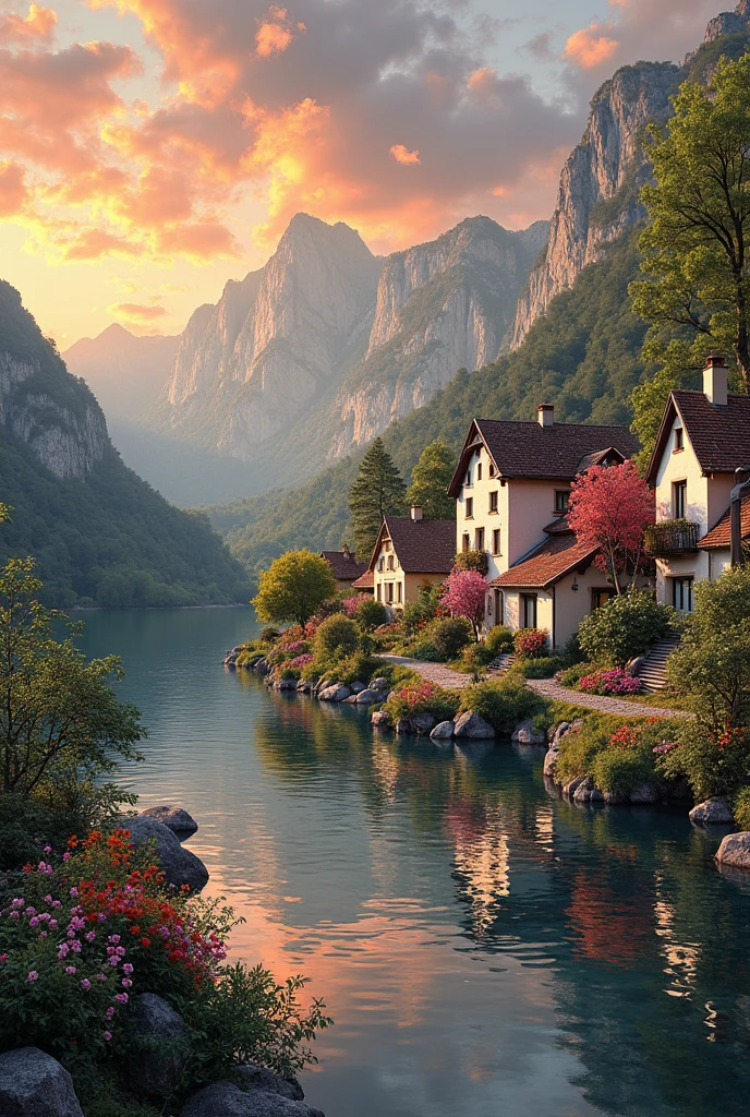 a small village by the river, mountains in the background, floral flowers colorful, detailed landscape, Beautiful natural landscapes, atmospheric lighting, scorching sunset, warm colours, practical, photopractical, Detailed Foliage, complex buildings, cobblestone street, Charming country house, swirly vibrant colors, lush vegetation, Still water reflections, Picturesque, idyllic, work of art, best qualityer, 8k, extremely d