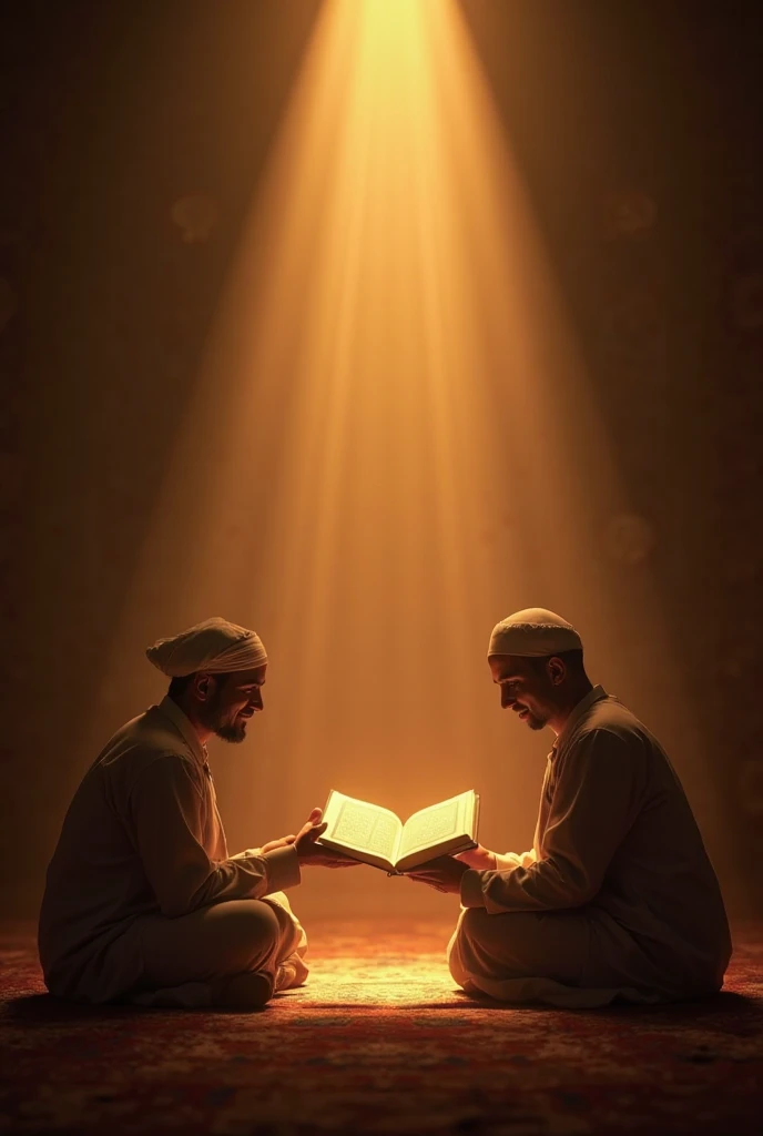 The image shows a group of 3 single muslim man with different handsome face using white robe sitting facing each other in a quiet room, surrounded by Islamic scriptures, books and stationery. On the table in front of him was an open Koran. The student looked focused and solemn in reading and memorizing, with an expression of perseverance and concentration. The background shows an atmosphere that supports learning, such as bookshelves and soft lighting. Above the image, there is text that reads: "Hafalan yang mutqin adalah akibat dari muroja'ah yang terus-menerus", emphasizing the importance of consistency in repeating memorization to achieve accuracy and thoroughness.
