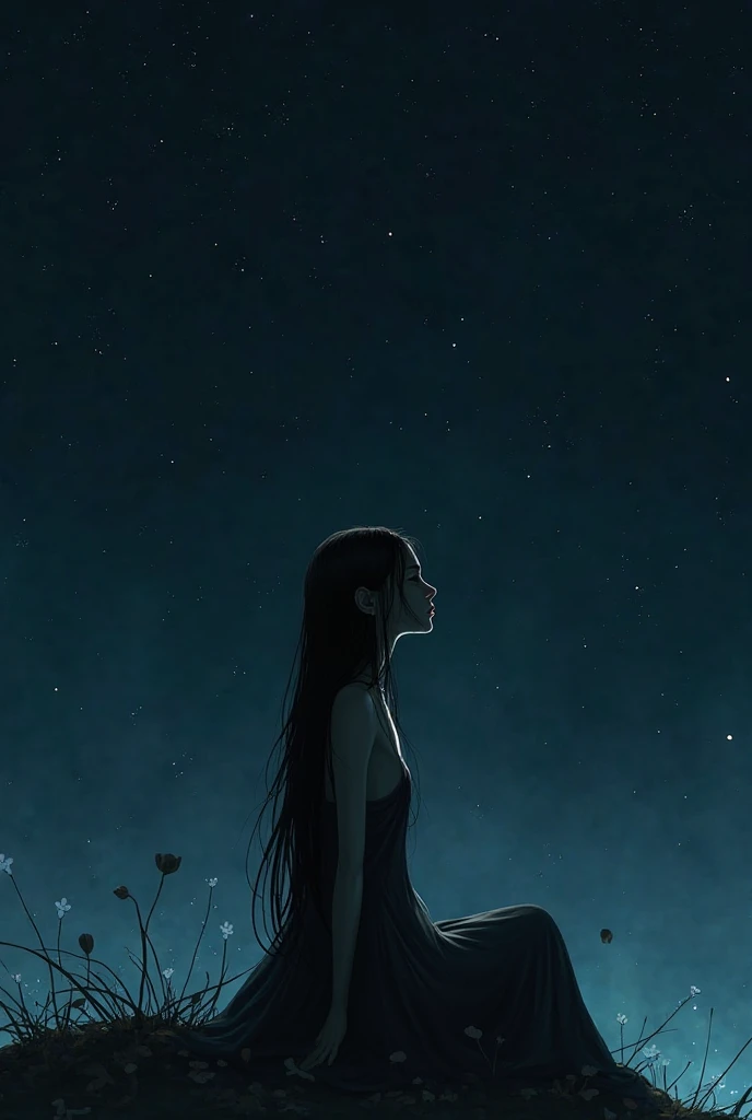Uzoqdan yaratilgan ghibli stilidagi rasm. Uzun sochli, qora maska ...