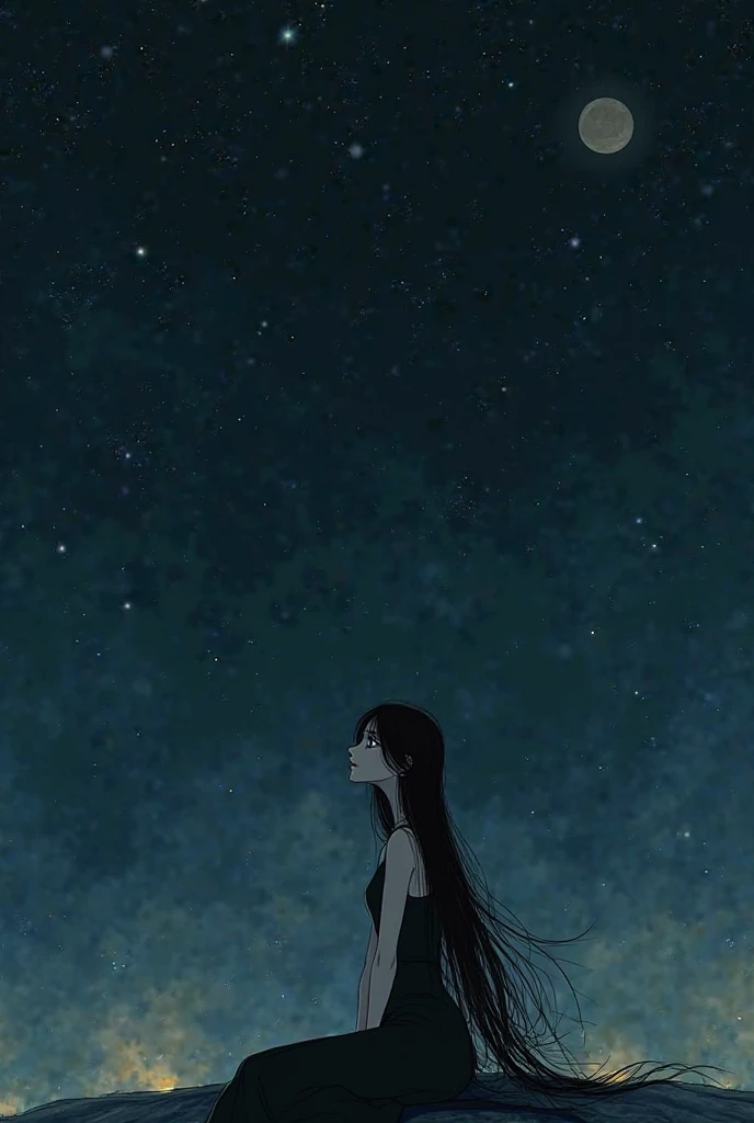 Uzoqdan yaratilgan ghibli stilidagi rasm. Uzun sochli, qora maska ...