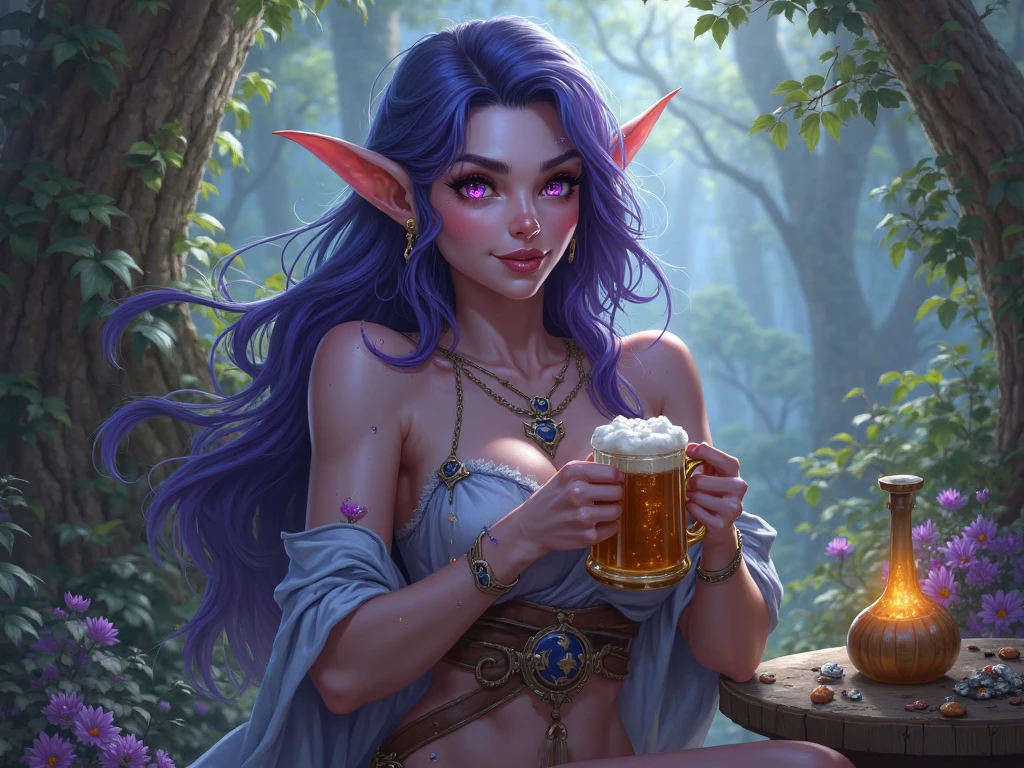 anime girl with purple hair and piercings drinking from a cup, commission for high res, elf girl, anime girl drinks energy drink, succubus in sundress portrait, oc commission, morrigan, morgana from league of legends, commission for, full color illustration, full color digital illustration, tiefling from d & d, fully colored, full colored, tiefling