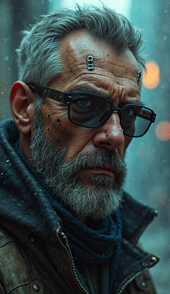 Cyberpunk man, beard, with glasses