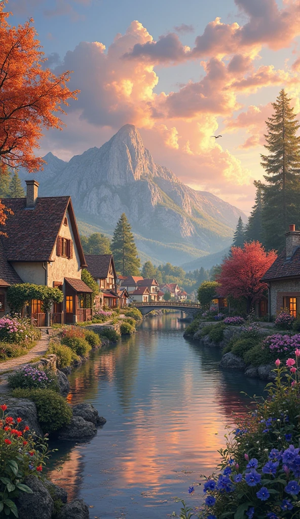 a small village by the river, mountains in the background, fleurs florales colorées,  detailed landscape , Beaux paysages naturels, atmospheric lighting, coucher de soleil brûlant, warm colors, pratique, photorealistic, Detailed foliage ,  complex buildings, Cobblestone street, Charming country house, bright swirling colors, lush vegetation,  Reflections of still water, Pittoresque, idyllique,  work of art, best quality, 8k, extremely detailed, style anime.
