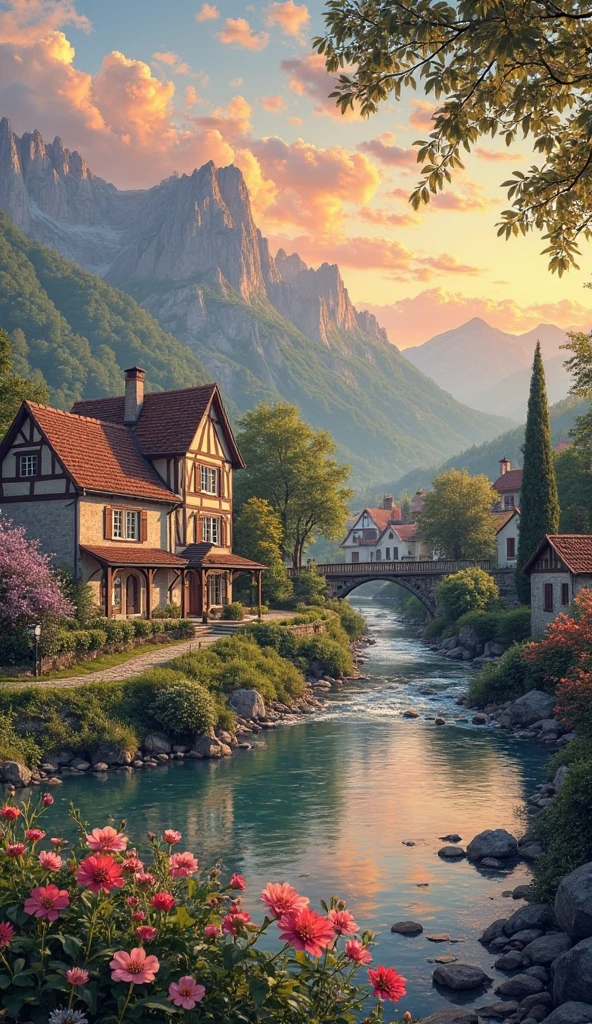 a small village by the river, mountains in the background, fleurs florales colorées, detailed landscape , Beaux paysages naturels, atmospheric lighting, coucher de soleil brûlant, warm colors, pratique, photorealistic, Detailed foliage , complex buildings, Cobblestone street, Charming country house, bright swirling colors, lush vegetation, Reflections of still water, Pittoresque, idyllique, work of art, best quality, 8k, extremely detailed, style anime.