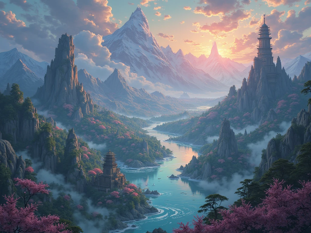 Create a cinematic landscape video inspired by the world of League of Legends. Showcase the most iconic and crucial regions of Runeterra, including:

the mystical forests of Ionia, filled with floating cherry blossom petals and ancient shrines,

the icy tundras and towering fortresses of Freljord, under northern lights,

the polluted industrial skyline of Zaun, with neon lights and toxic smog,

the golden desert of Shurima, with ruined temples buried in sandstorms,

the gothic, haunted lands of Shadow Isles, shrouded in eerie green mist,

and the elegant, radiant city of Demacia, with marble towers and sunlit plazas.
Add dynamic weather effects, sweeping aerial camera movements, and epic orchestral music to enhance the cinematic feel. The transition between regions should feel smooth and magical, as if flying through a living map.