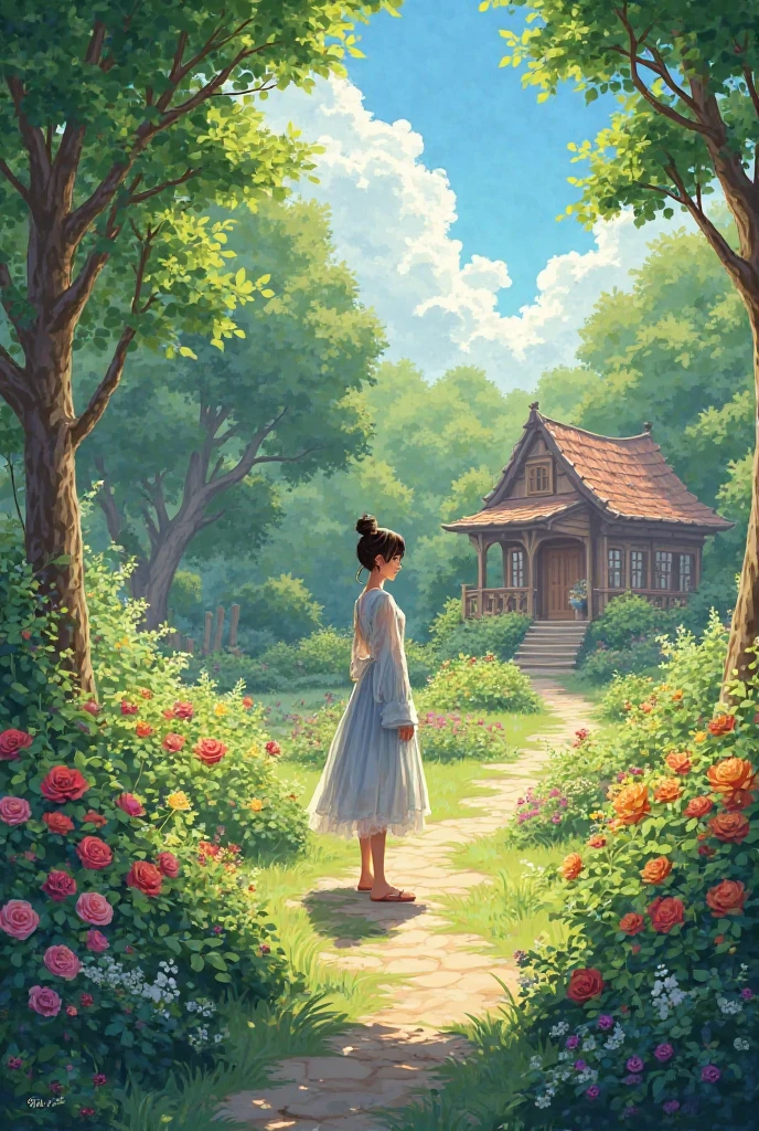 Beautyful garden with ren and a house in background 
