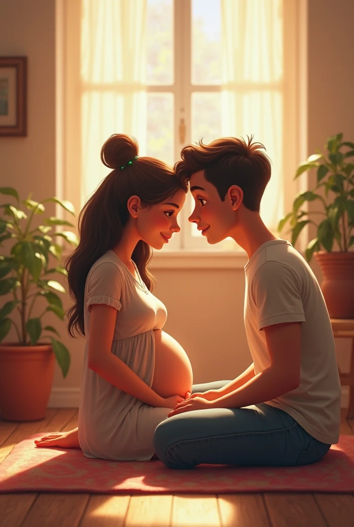 Generates a Pixar-style image of a pregnant couple in a warm and emotional environment. The woman is standing, with long hair, smooth and dark, smiling while caressing her belly. She is wearing a white half-open shirt and casual blue jeans.. HER HUSBAND, with short dark hair, He is kneeling in front of her, lovingly kissing her belly. He also wears a white button-down shirt and black pants., both without shoes, In a cozy atmosphere. at your side, on the floor, There is a small black vase with light pink flowers. The scene should capture the tenderness and anticipation of the moment., with a soft and simple background, highlighting the couple as the main focus of the image.