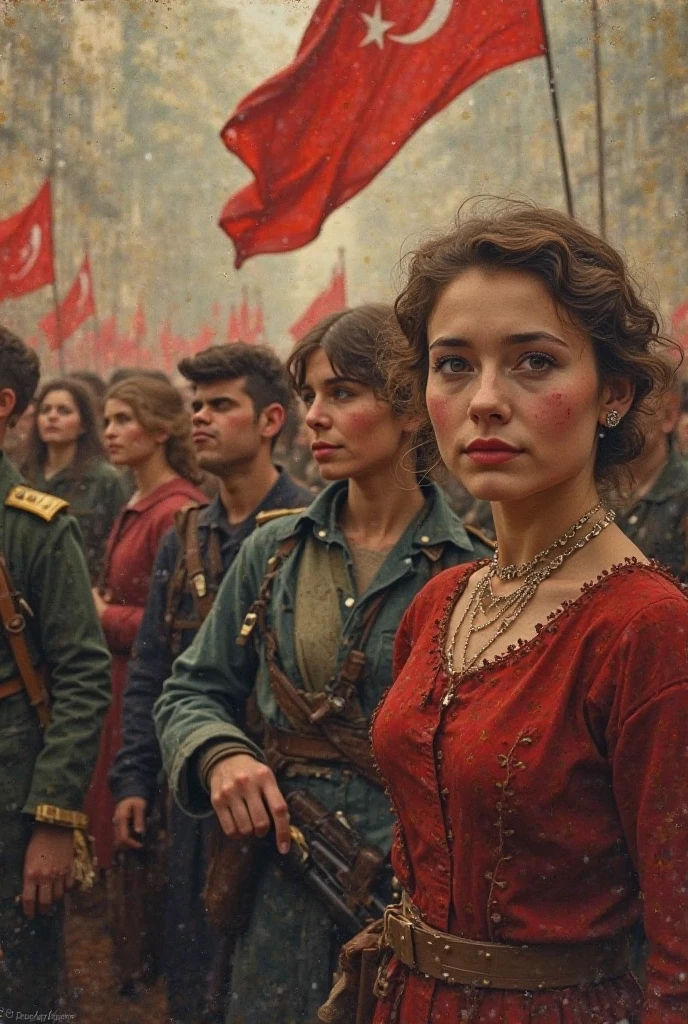 Let us make a poster on October 29, 1923. Let the people in the assembly be dressed in old clothes, hear the talk on one side and the young soldiers crying with happiness with expressions of pride and Turkish women in old clothes