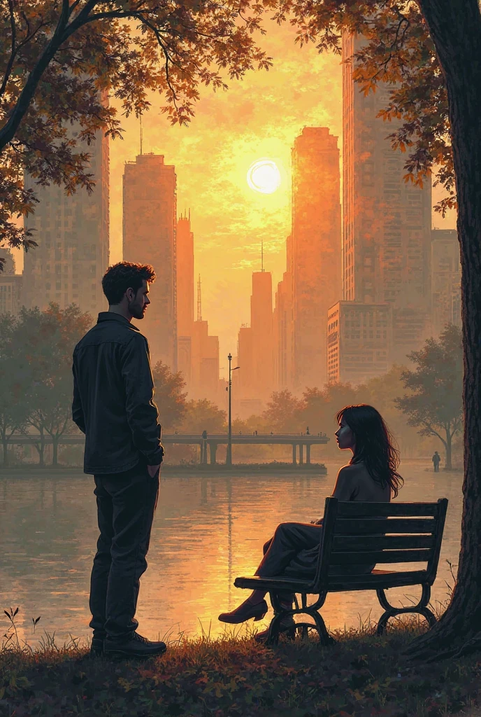 The silhouette of the man was in the city park against the background of the buildings at sunset and was looking at his happy woman sitting on the park bench silently from a distance , 
Landscape drawing 
