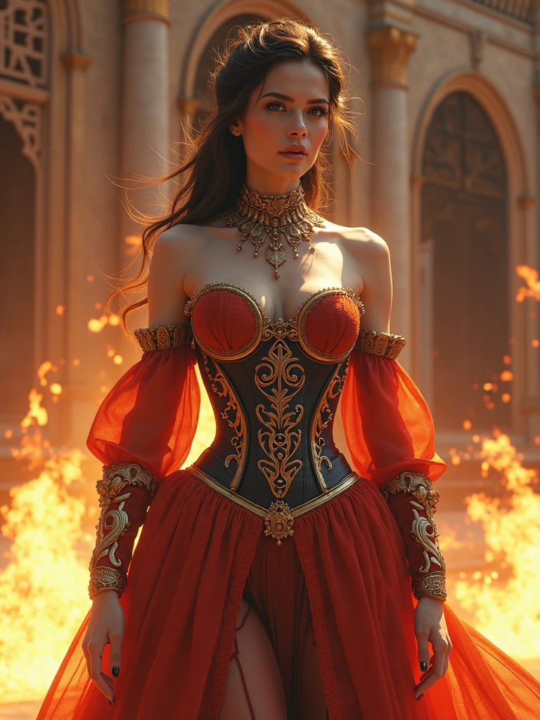 Arafedova woman with huge breasts in a fire corset and a fire dress in front of the building, wearing an  ornate armor belt outfit,  ornate armor belt dress, complicated dress,  elegant flame corset ,  ornate armor belt and elegant, extravagant dress, inspired by Hedi Xandt,  ornate armor belt attire, sophisticated outfit ,  ornate armor belt royal gown,  ornate armor belt clothing,  ornate armor belt gown,  intricate and elegant , sophisticated detailed dress,  ornate armor belt , royal dress,  Detailed handmade , detailed finger, masterpiece, better quality:1.2),,(8 k,high definition,RAW photo,realistic,photo-realistic:1.3),(detailed skin texture,detailed fabric texture, detailed flame texture , Beautiful Detailed Face:1.25),professional lighting,photon mapping,Beautiful soft light,radio glow,rendering on a physically correct basis,ray tracing, model shooting style , model shooting style , (extremely detailed CG unity 8 k wallpaper),  full body shot of the most beautiful work in the world ,