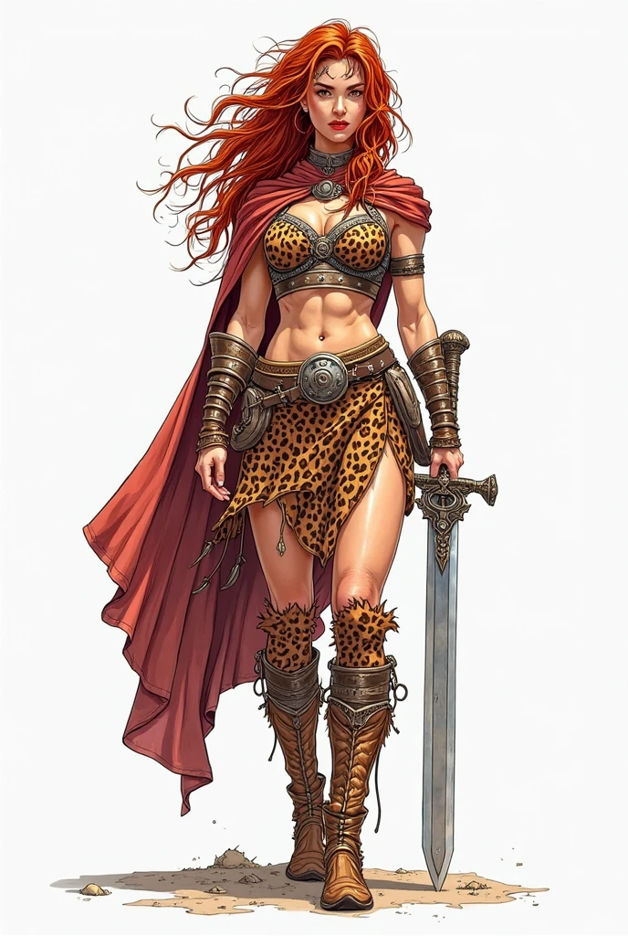 woman with an axe,full body shot of a barbarian female, very beautiful female barbarian, red hair, epic mountain top