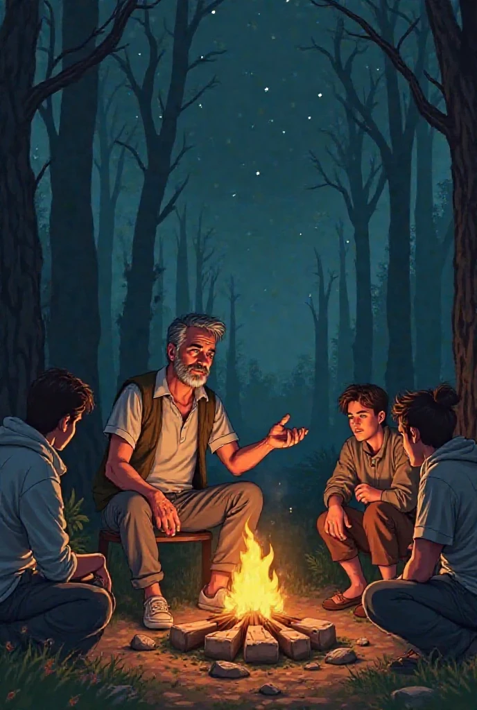 I need an illustration in the form of a cartoon, In the illustration there must be a sad 40-year-old man at a campfire, He is telling a story of suffering to the rest of the people 