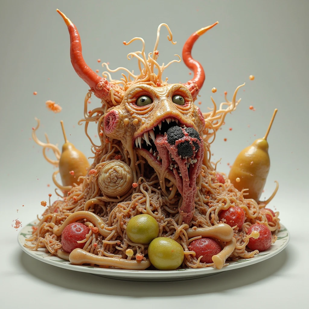Bolognese Spaghetti <lora:bodhor:0.7> horror disgusting body, teeth, eyes, claws
<lora:AddMoreDetails-DetailEnhancer_v1-Lykon:0.85>, on a table, fork, knife, glass