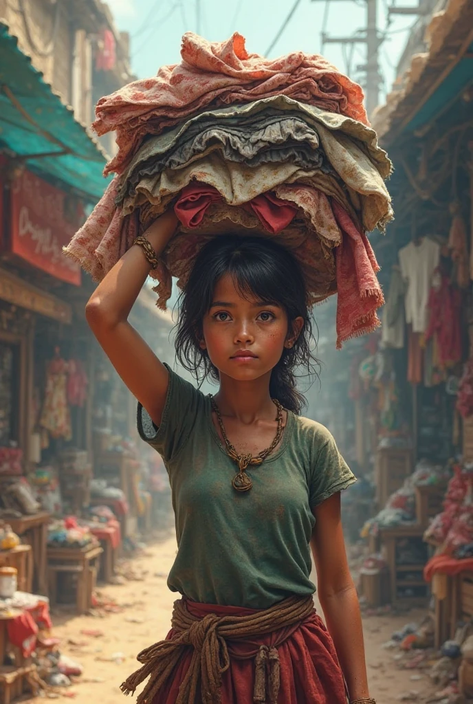 Create a woman with a bundle of clothes on her head 